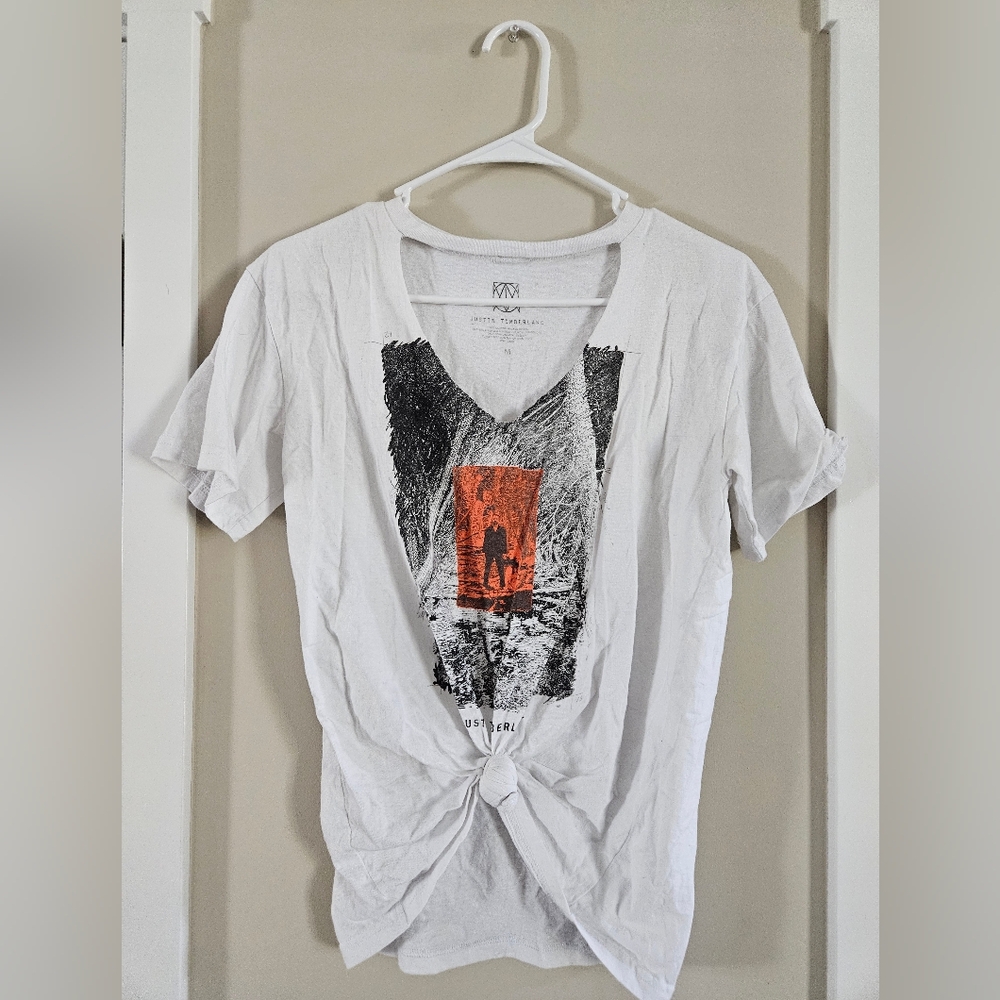 Justin Timberlake White Graphic T-Shirt Cut Out And Tie Long Crop Medium T Shirt